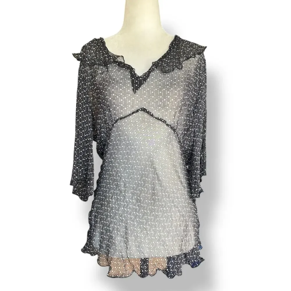 Vintage Blouse Black Sheer Silk Ruffle Top Polka Dot Lightweight Feminine Twee